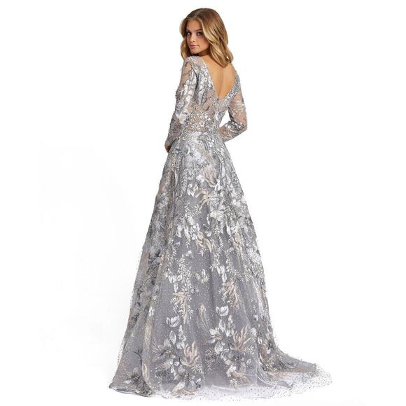 Mac Duggal 20214 Long Sleeve Bead Applique Gown Size 16 Grey Multi Floral NWT - Picture 2 of 16